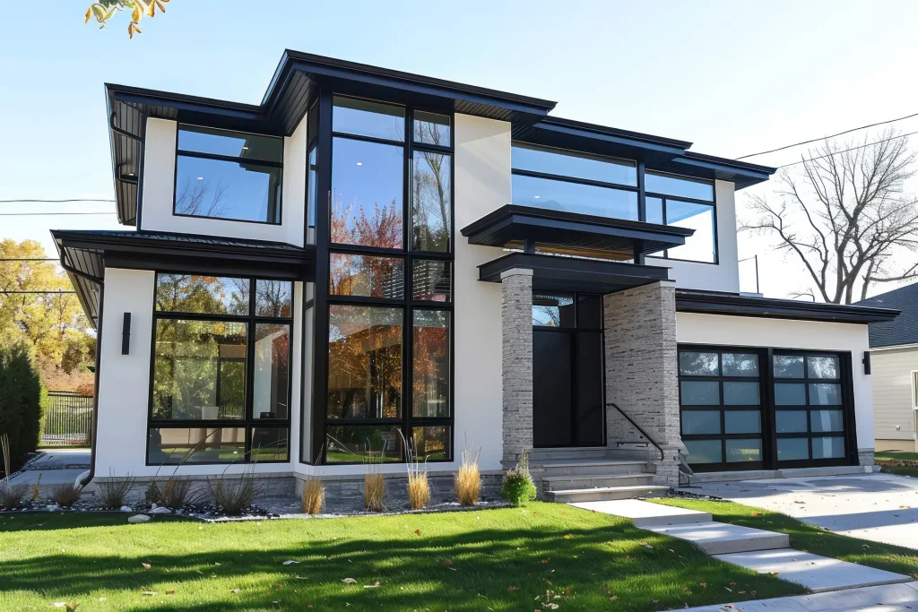 Modern home with large black-framed windows
