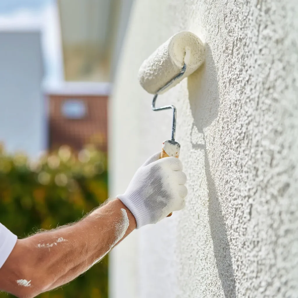 Close-up of a paint roller on a white stucco wall