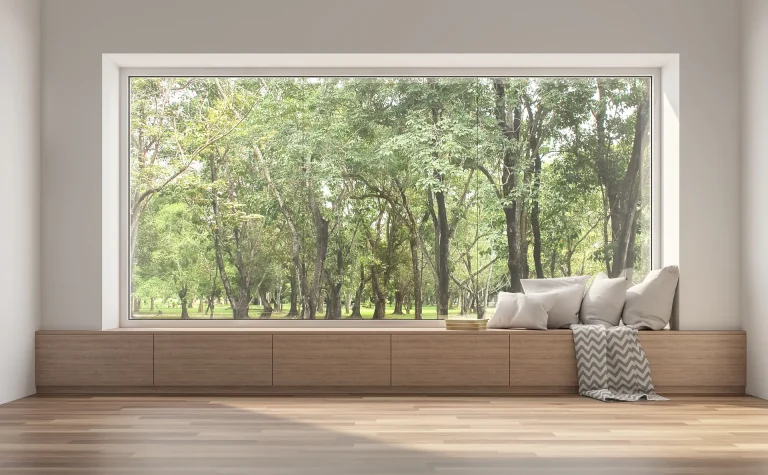 Large picture window with a built-in bench seat