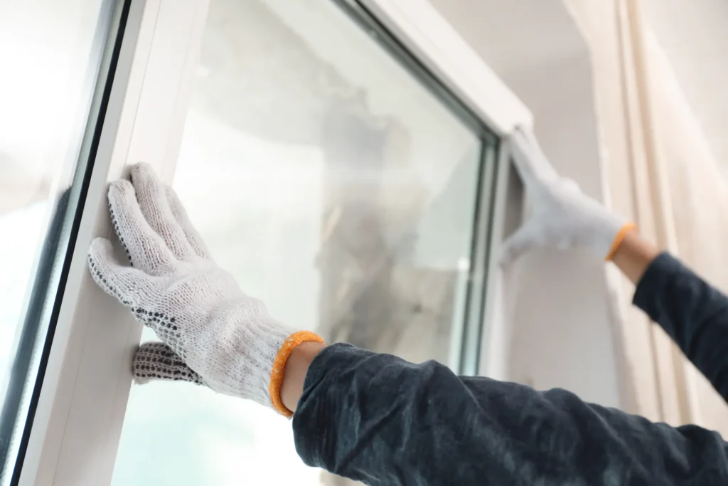 Installer in gloves setting a new window into its frame